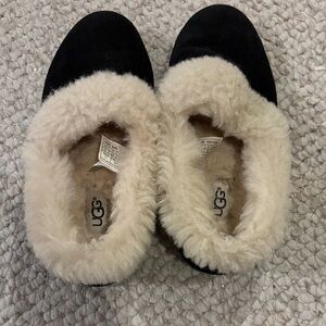 UGG Black and Cream Fuzzy Slippers
